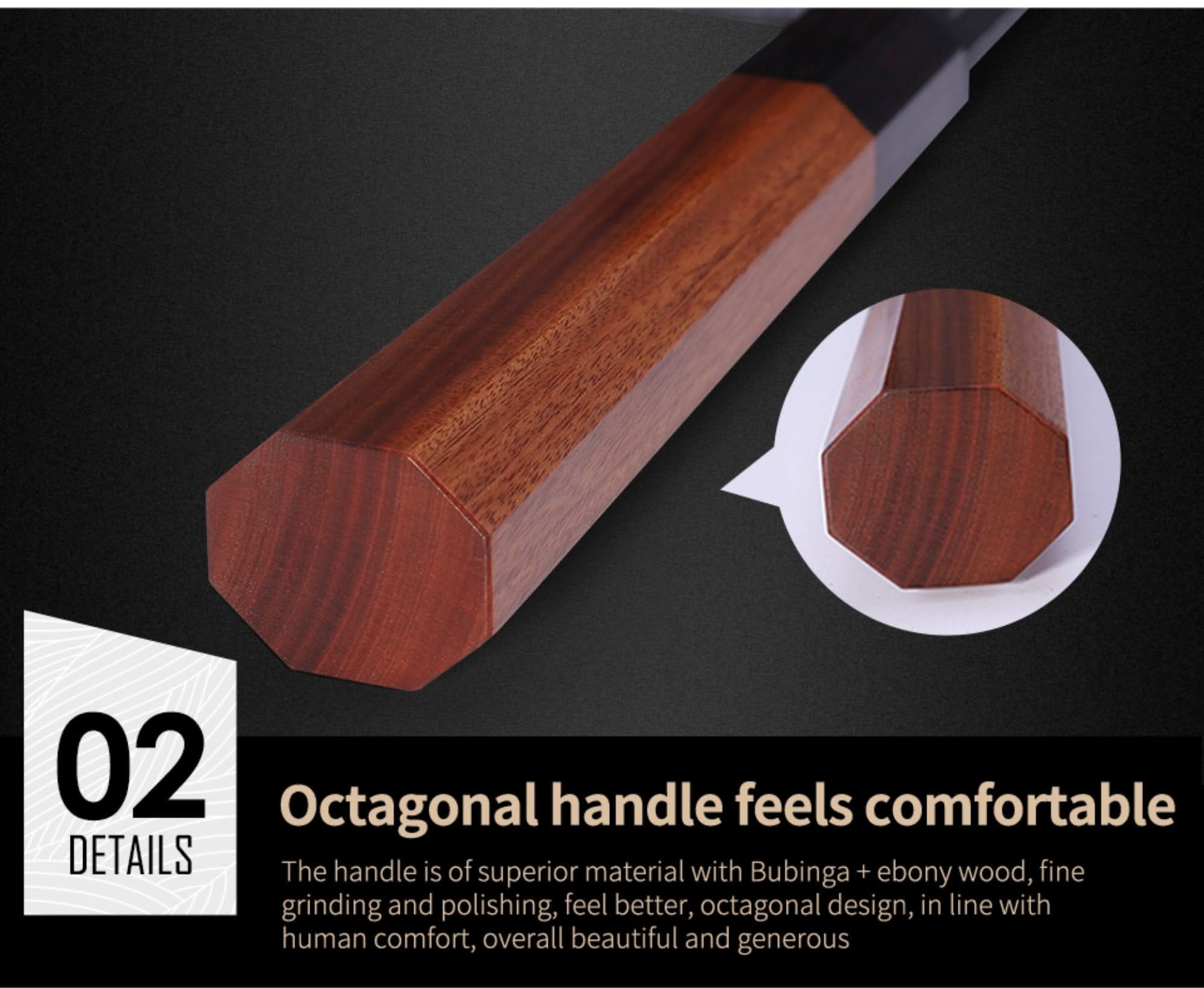 Octagonal wood handle of a Japanese forged kitchen knife, detailing its rich grain and craftsmanship.